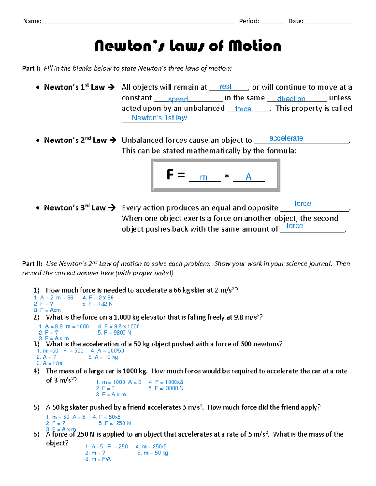08 Newton s Laws Of Motion Practice Worksheet 1 Exercises Problems Studocu