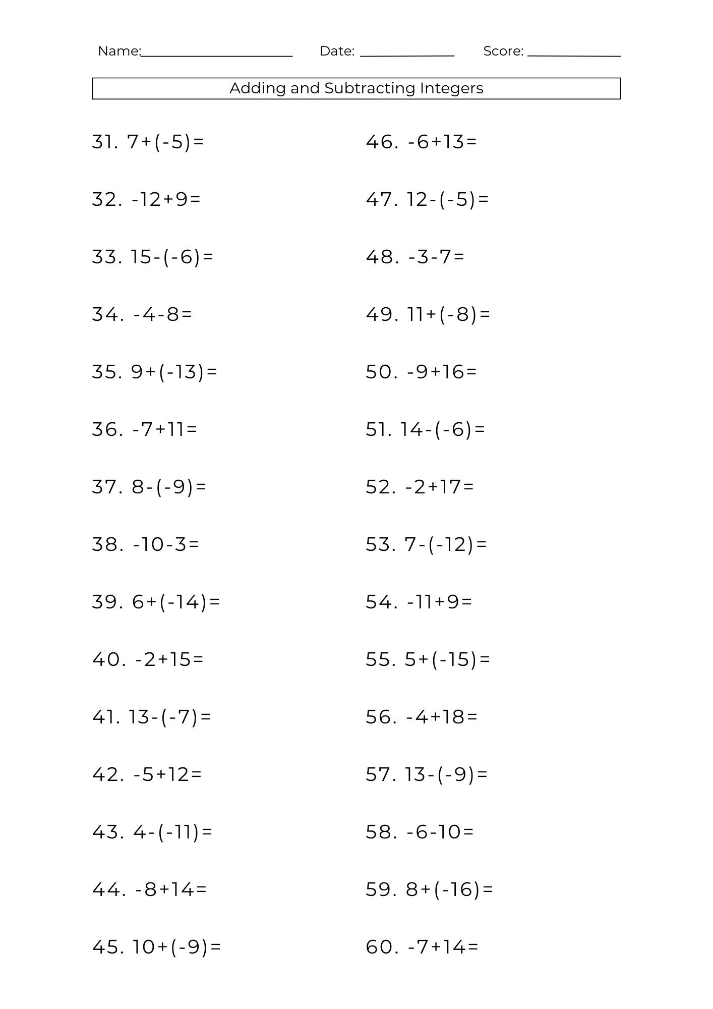 10 Printable Addition Subtraction Integers Worksheets Math Problems PDF Etsy Israel
