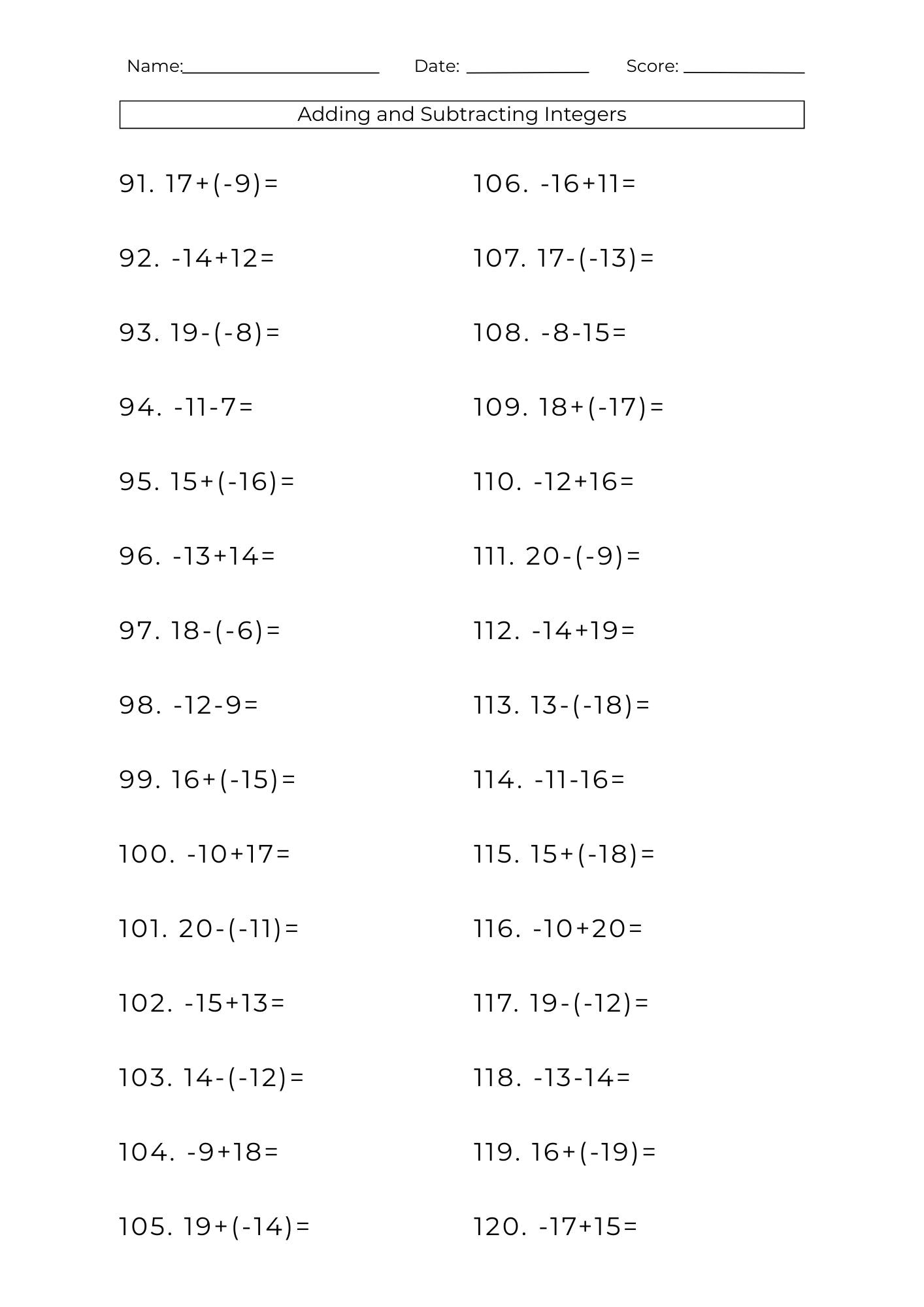 10 Printable Addition Subtraction Integers Worksheets Math Problems PDF Etsy Israel