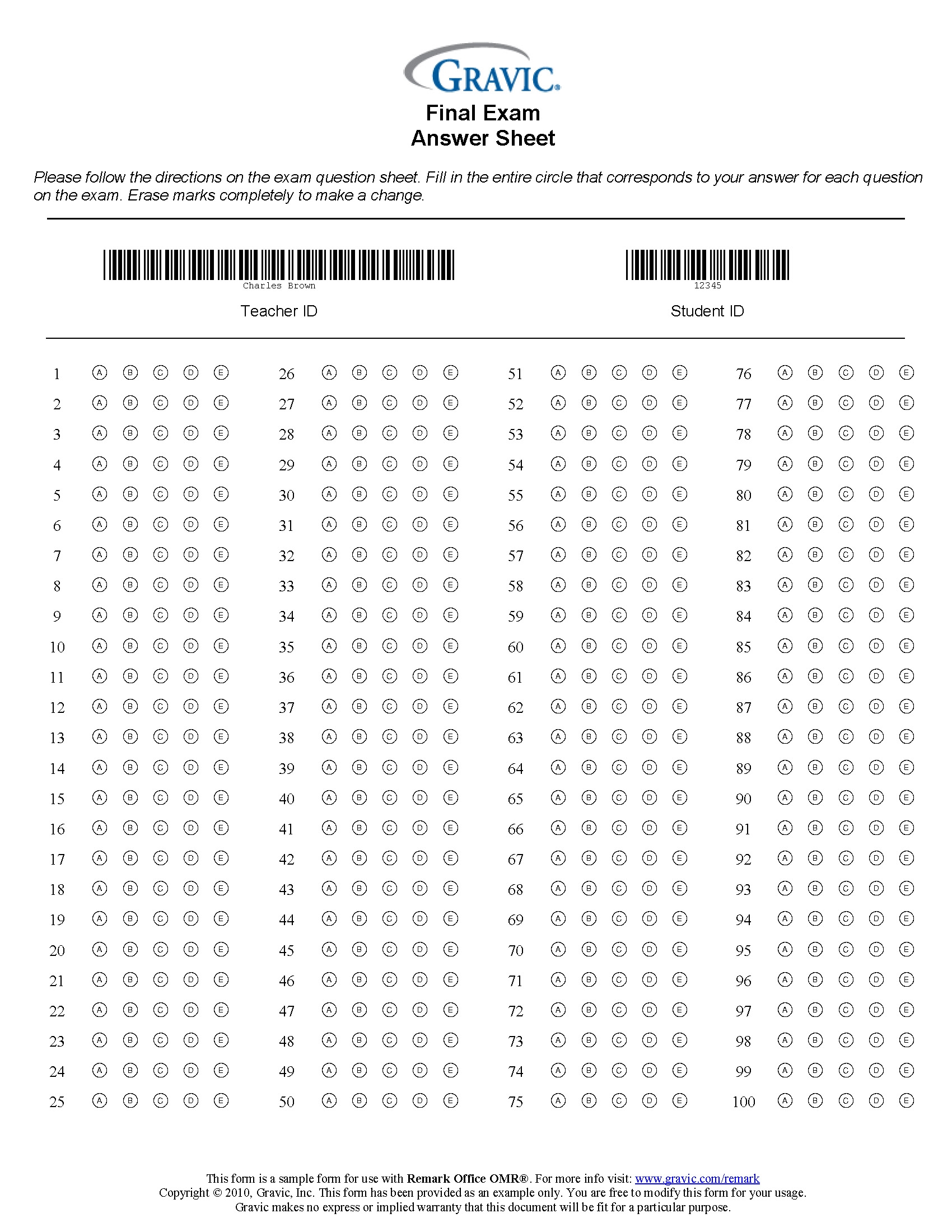100 Question Test Answer Sheet With Barcode Remark Software