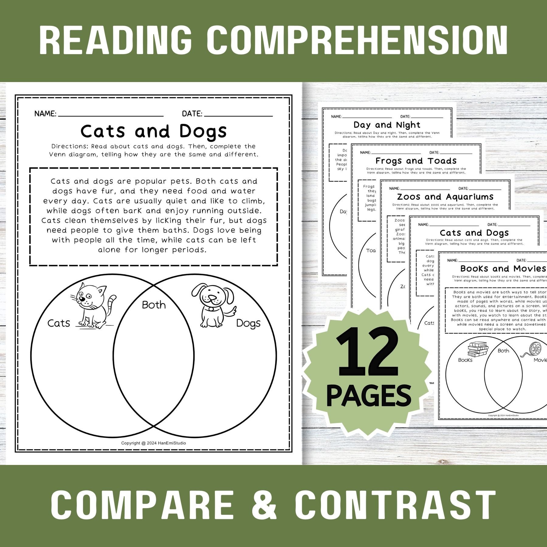 12 Compare And Contrast Worksheets Reading Comprehension Worksheet Similarity And Difference Worksheet Venn Diagram Comparison Worksheet Etsy