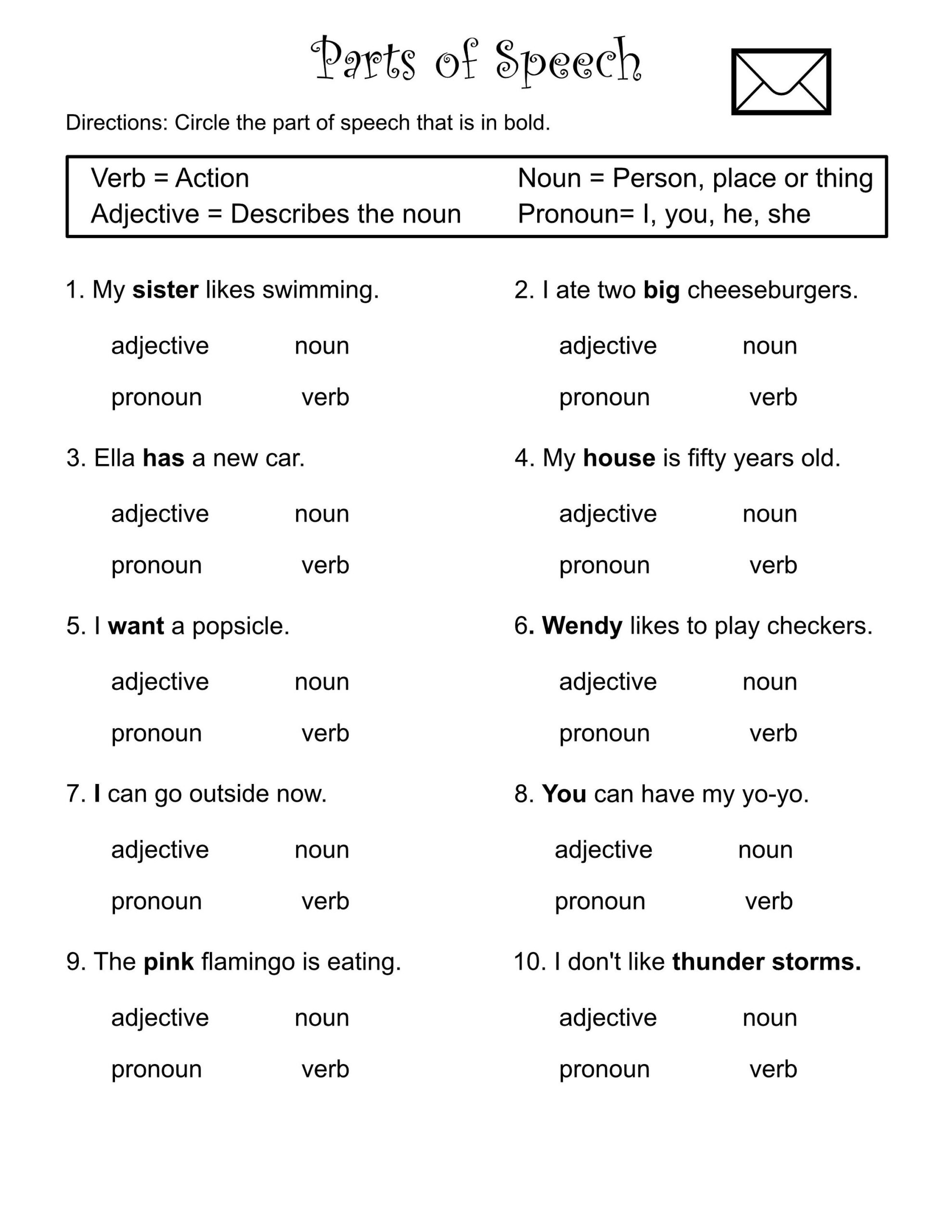 parts of speech worksheet