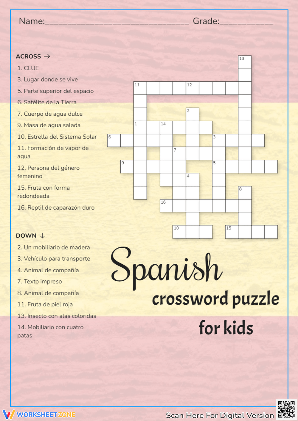 2nd Grade Spanish Crossword Puzzle Worksheets Printable