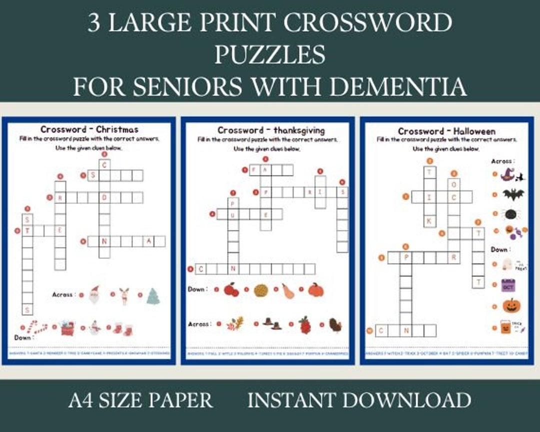 3 Crossword Puzzles Activity For Seniors Large Print Easy Worksheets For Elderly With Alzheimer s Dementia Parkinson Memory Loss Etsy Israel