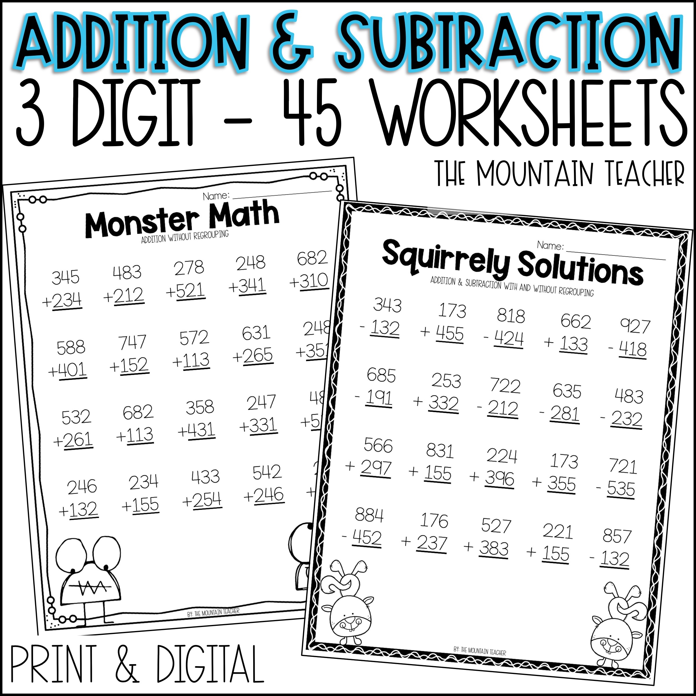 3 Digit Addition And Subtraction Worksheets With And Without Regrouping Classful