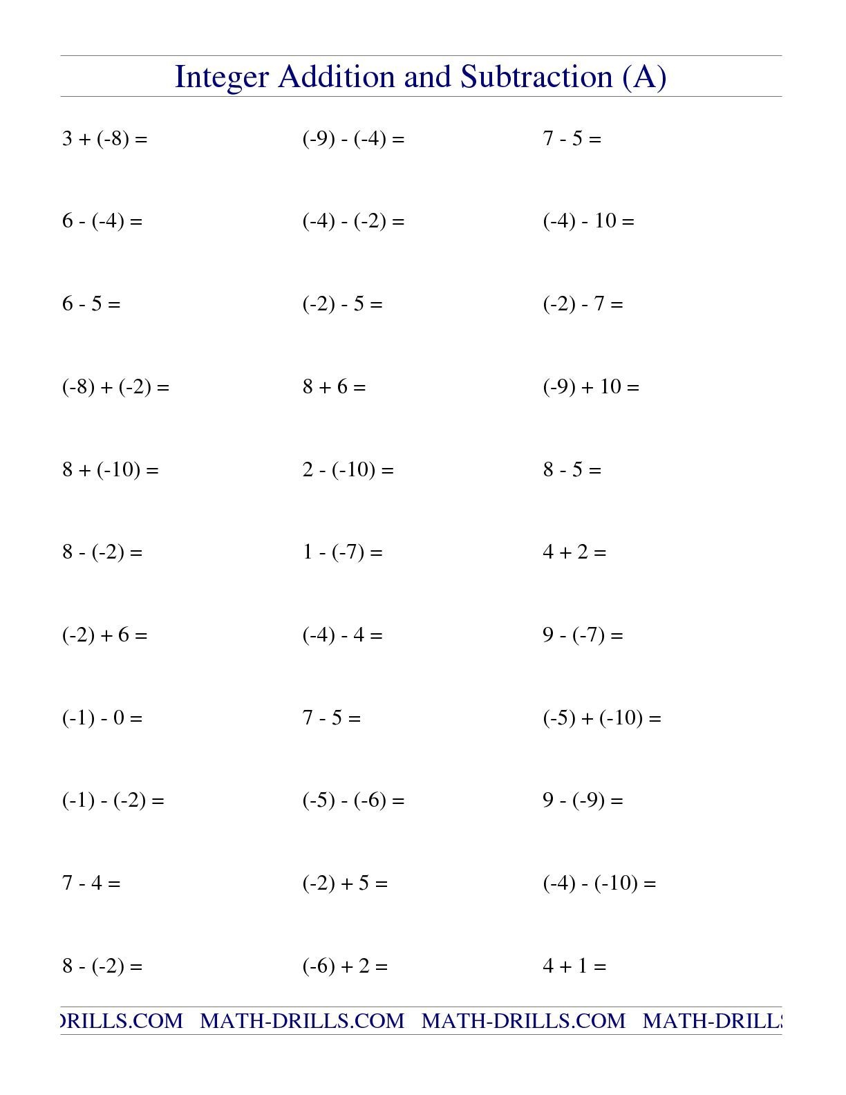 adding subtracting integers worksheet