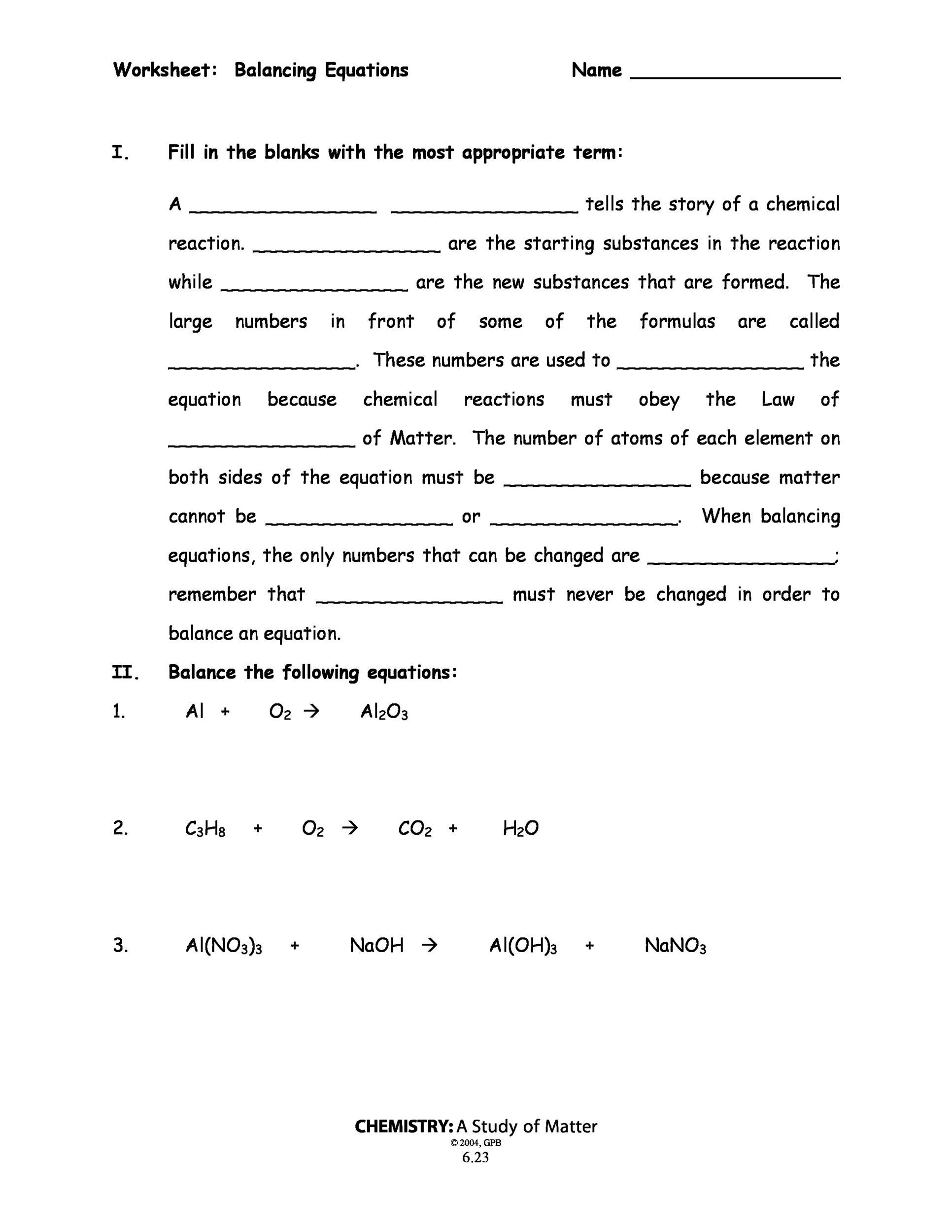 worksheet on balancing chemical equation