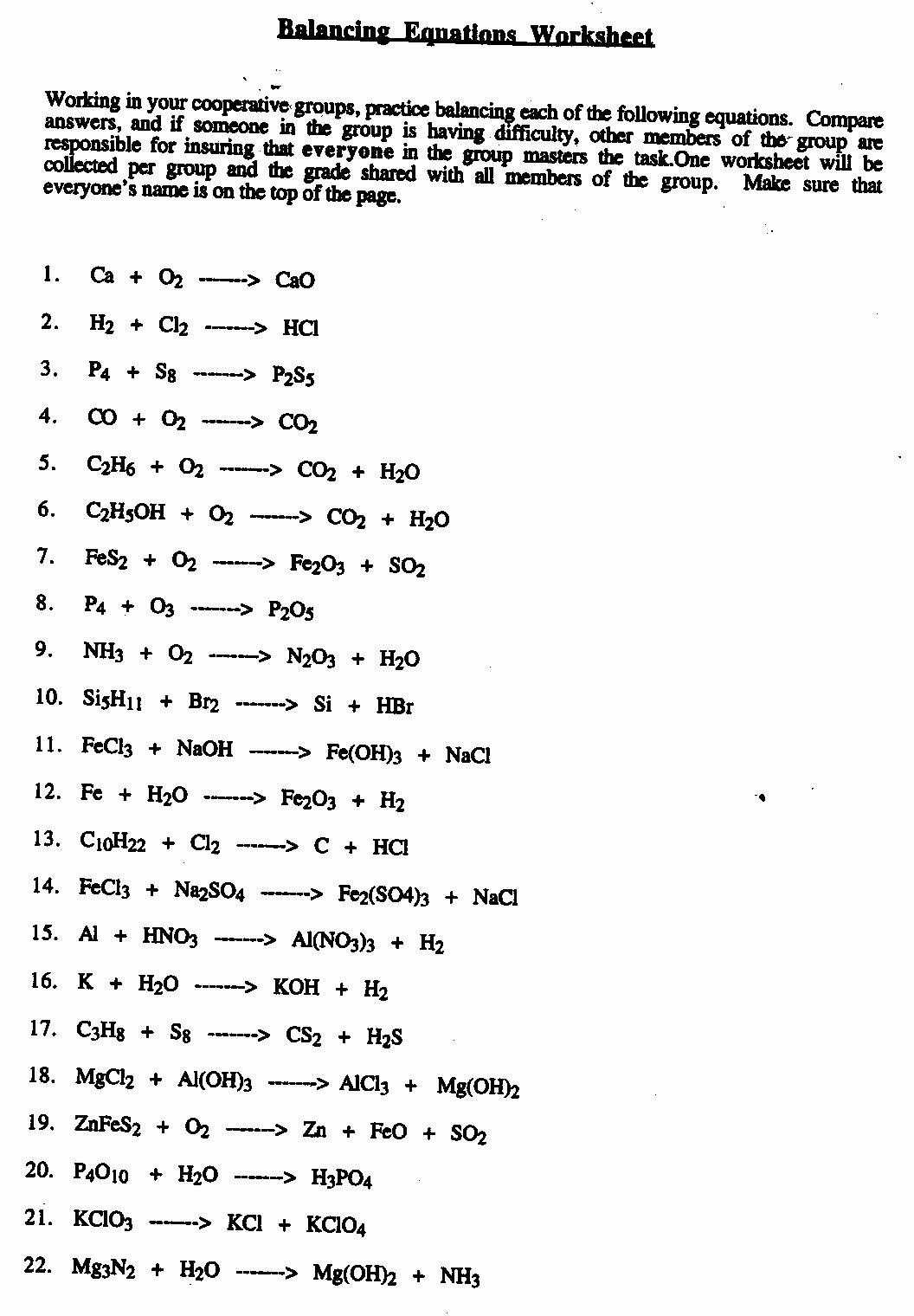 balancing of chemical equations worksheet
