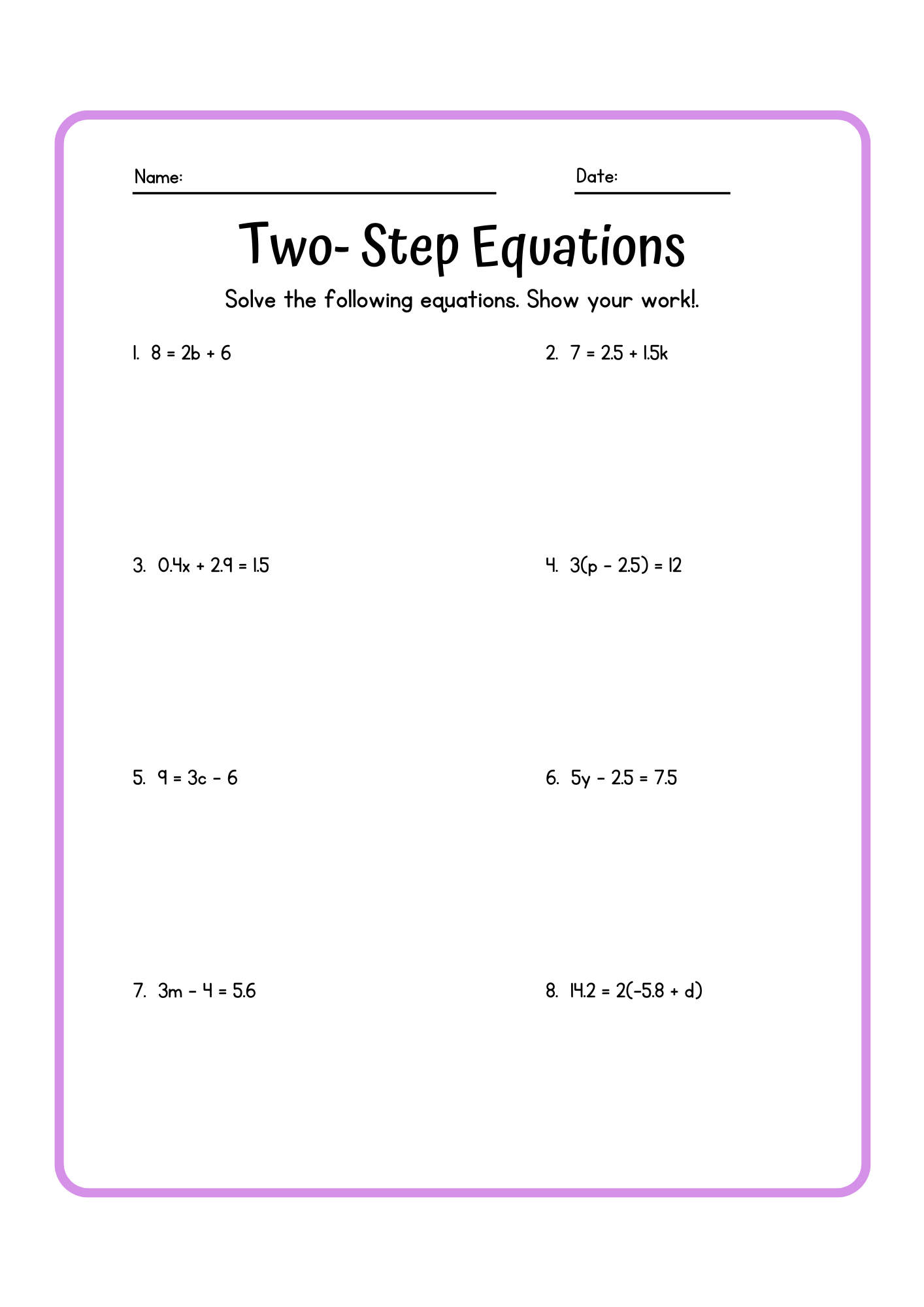 2 step equations worksheet