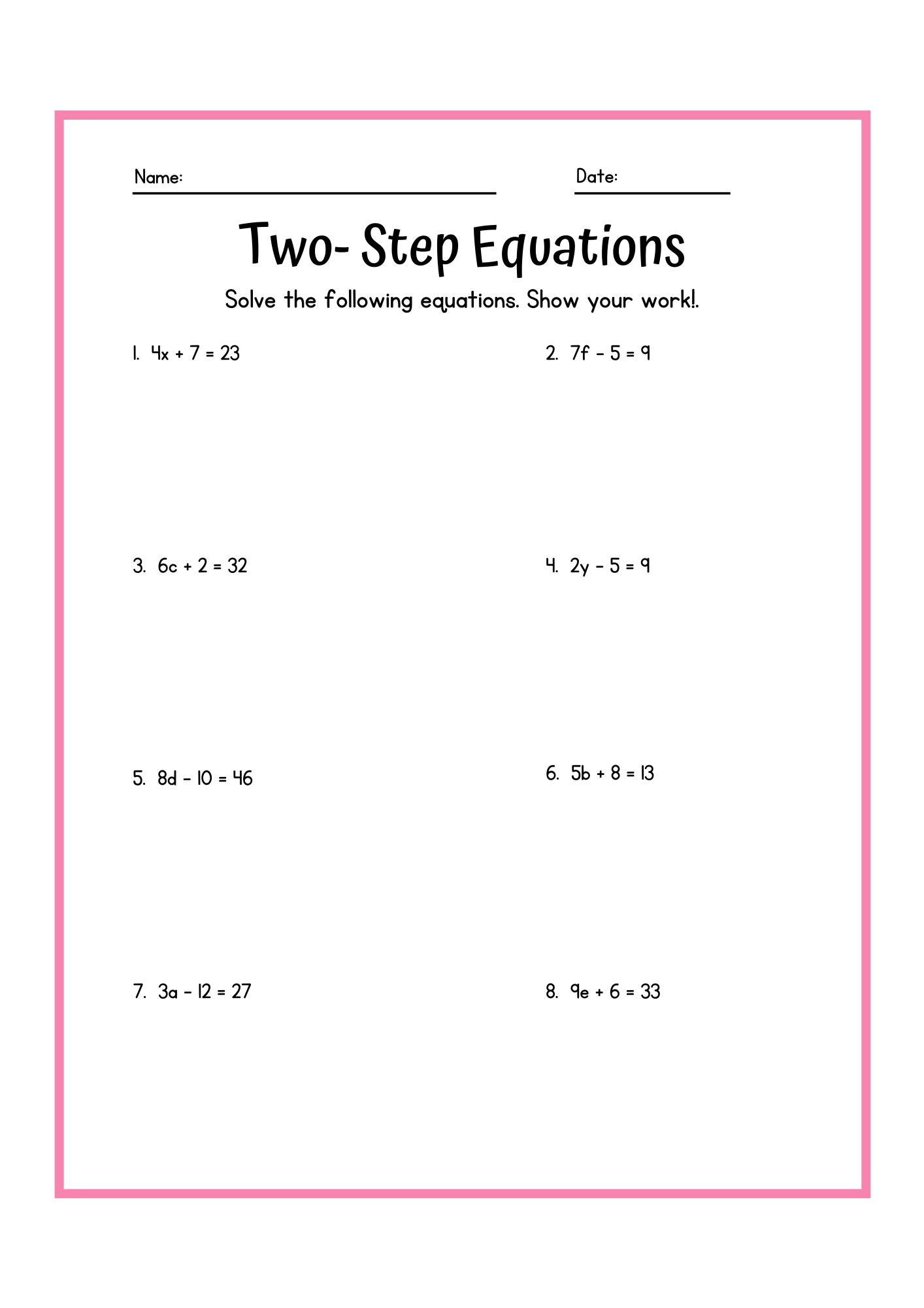 solving 2 step equations worksheet