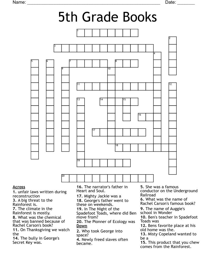 5th Grade Books Crossword WordMint 5th Grade Books Crossword WordMint