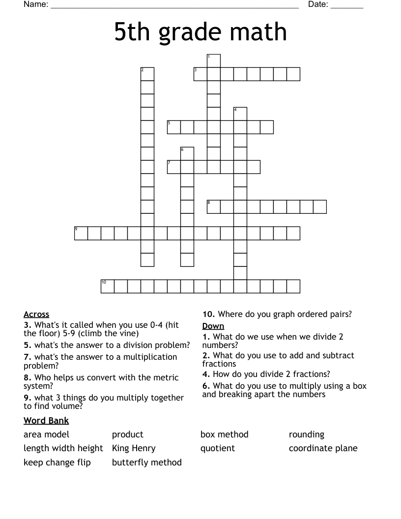 5th Grade Math Crossword WordMint 5th Grade Math Crossword WordMint
