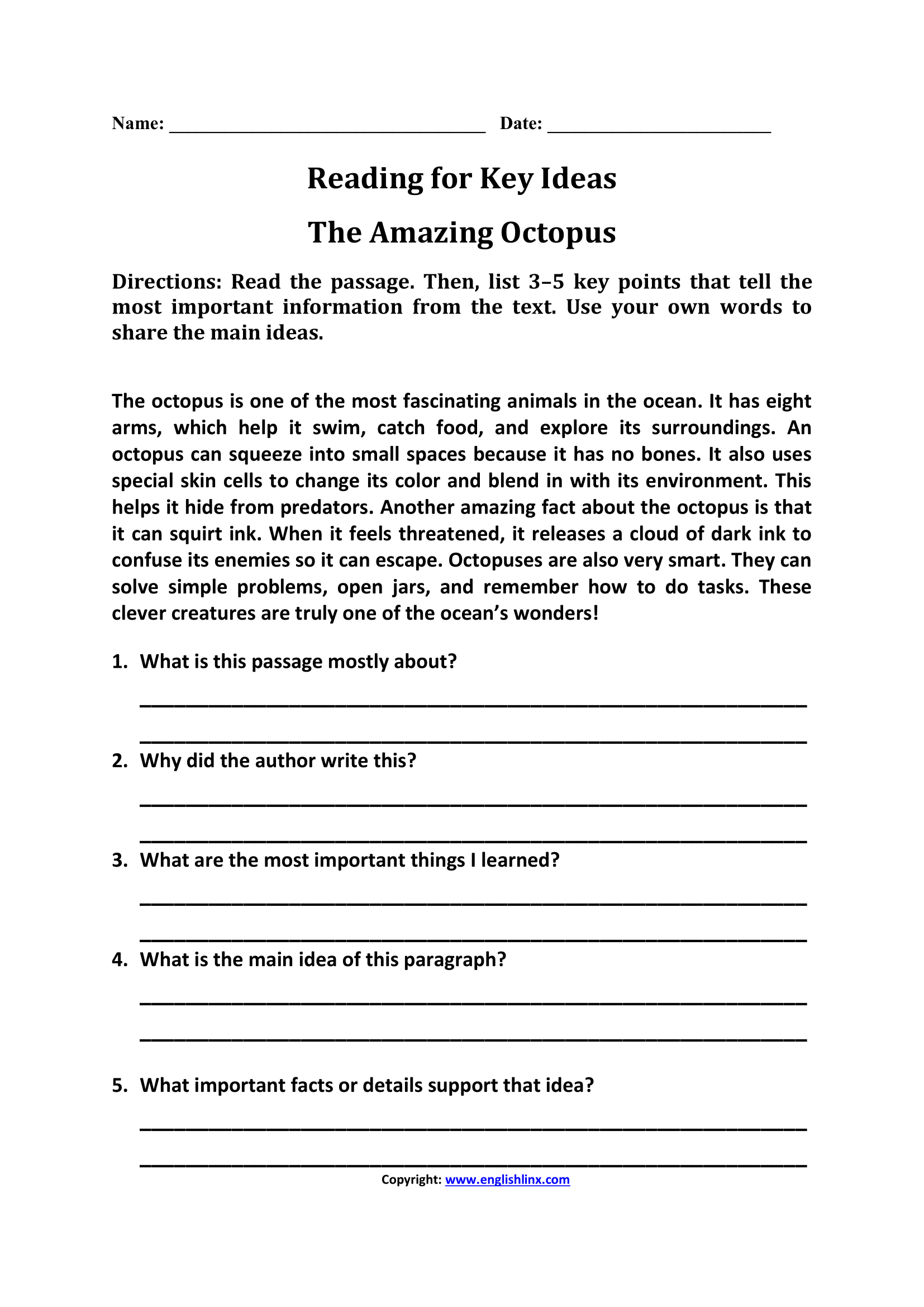 5th Grade Reading Worksheets Reading For Key Ideas Worksheet 5th Grade Reading Worksheets Reading For Key Ideas Worksheet