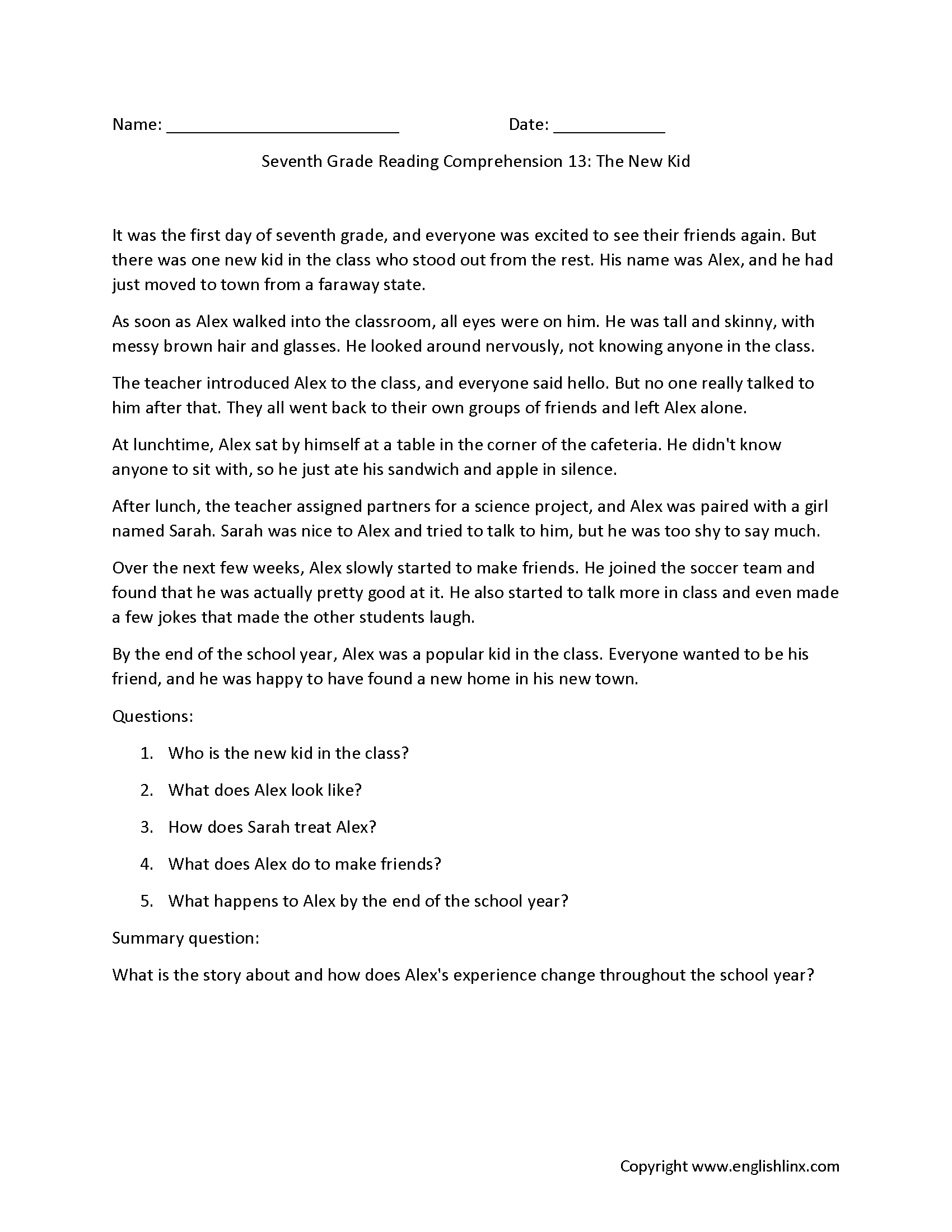 7th Grade Reading Comprehension Worksheets Printable Passages Questions 7th Grade Reading Comprehension Worksheets Printable Passages Questions