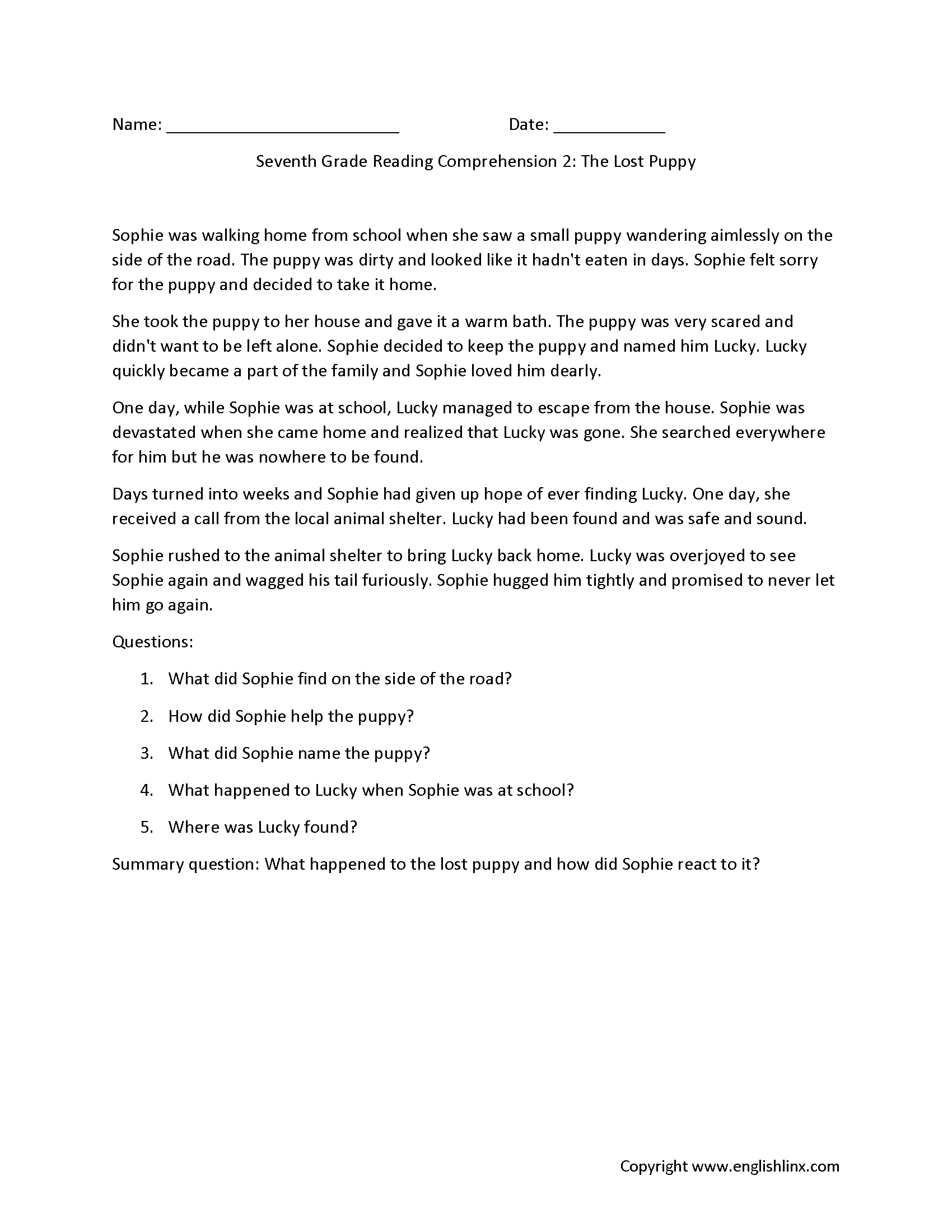7th Grade Reading Comprehension Worksheets Printable Passages Questions