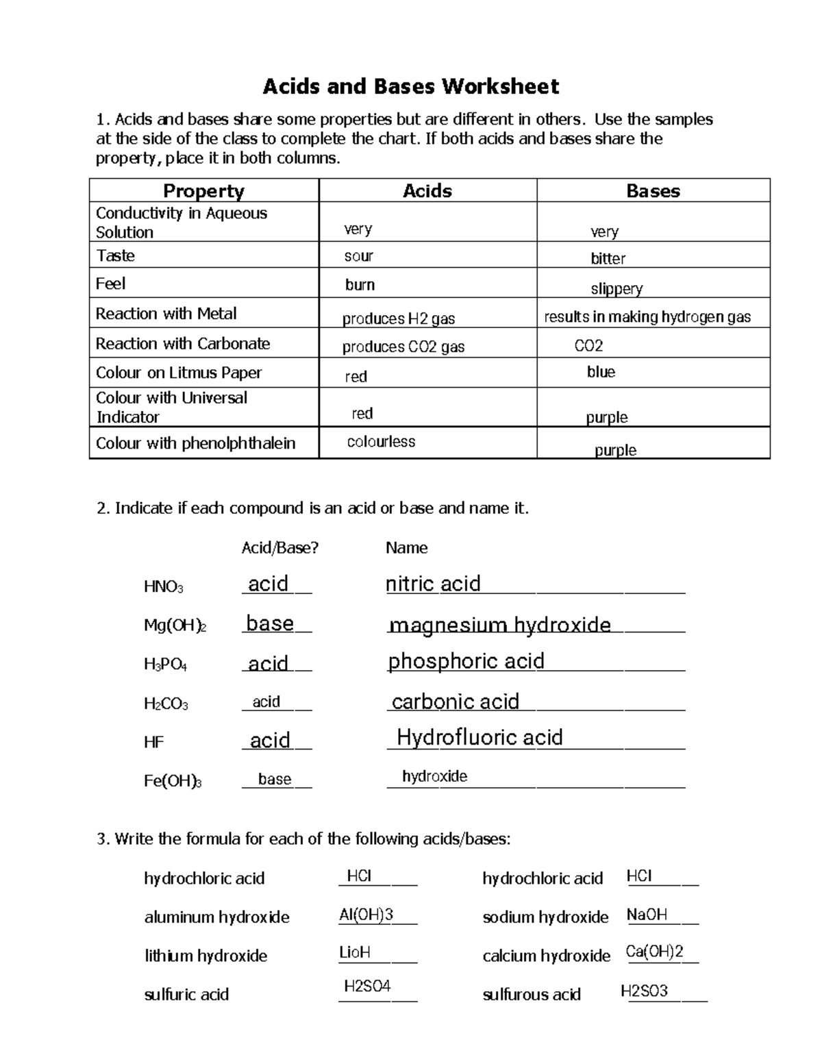 Acids And Bases Worksheet 2 Evolving Properties And Reactions Studocu