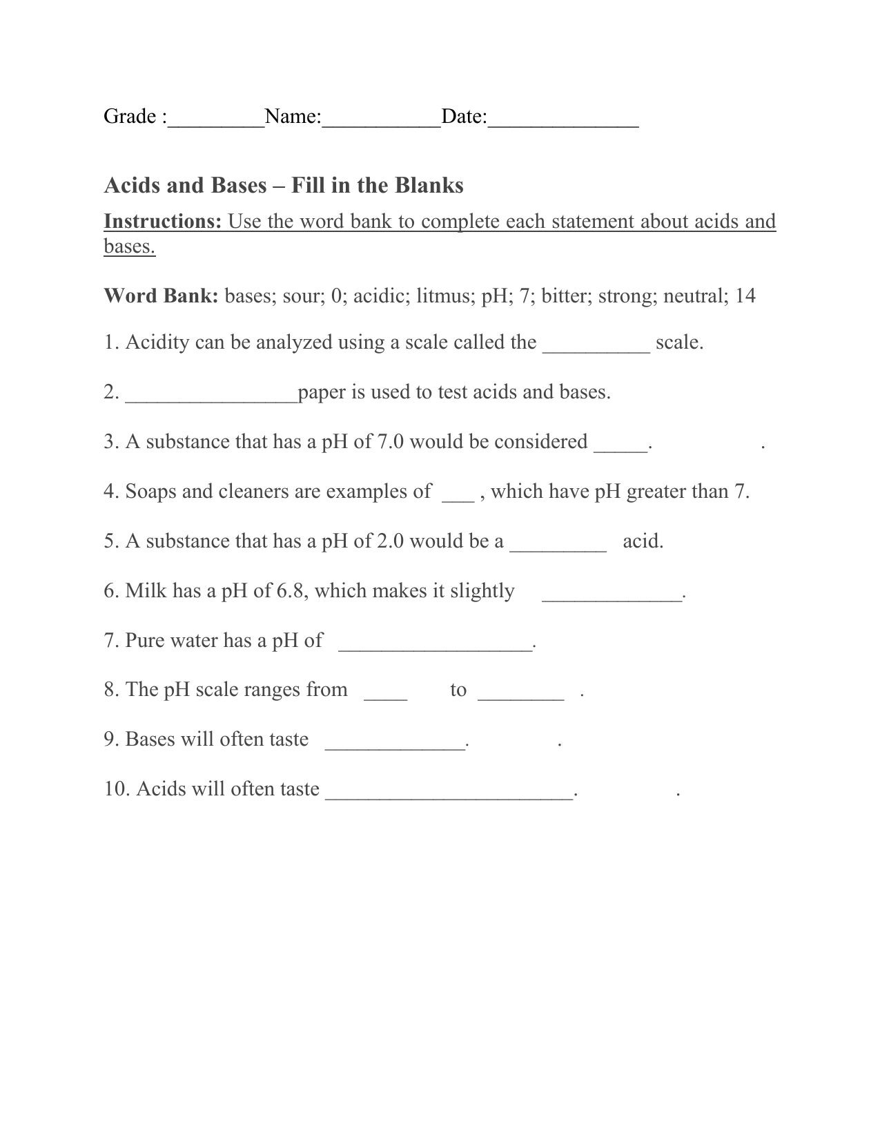 Acids And Bases Worksheet Fill In The Blanks