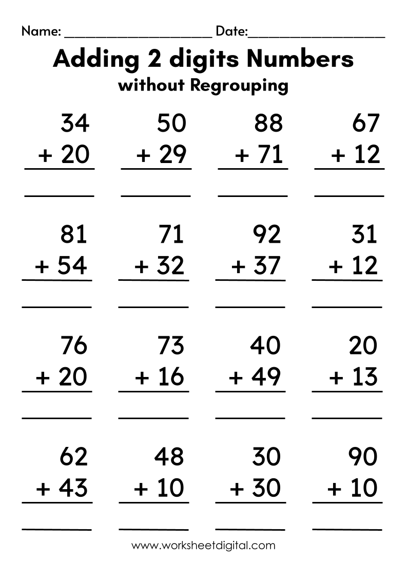 Adding 2 Digit Numbers Without Regrouping 80 Double Digit Addition No Regrouping Sums Grade 1 2 Made By Teachers
