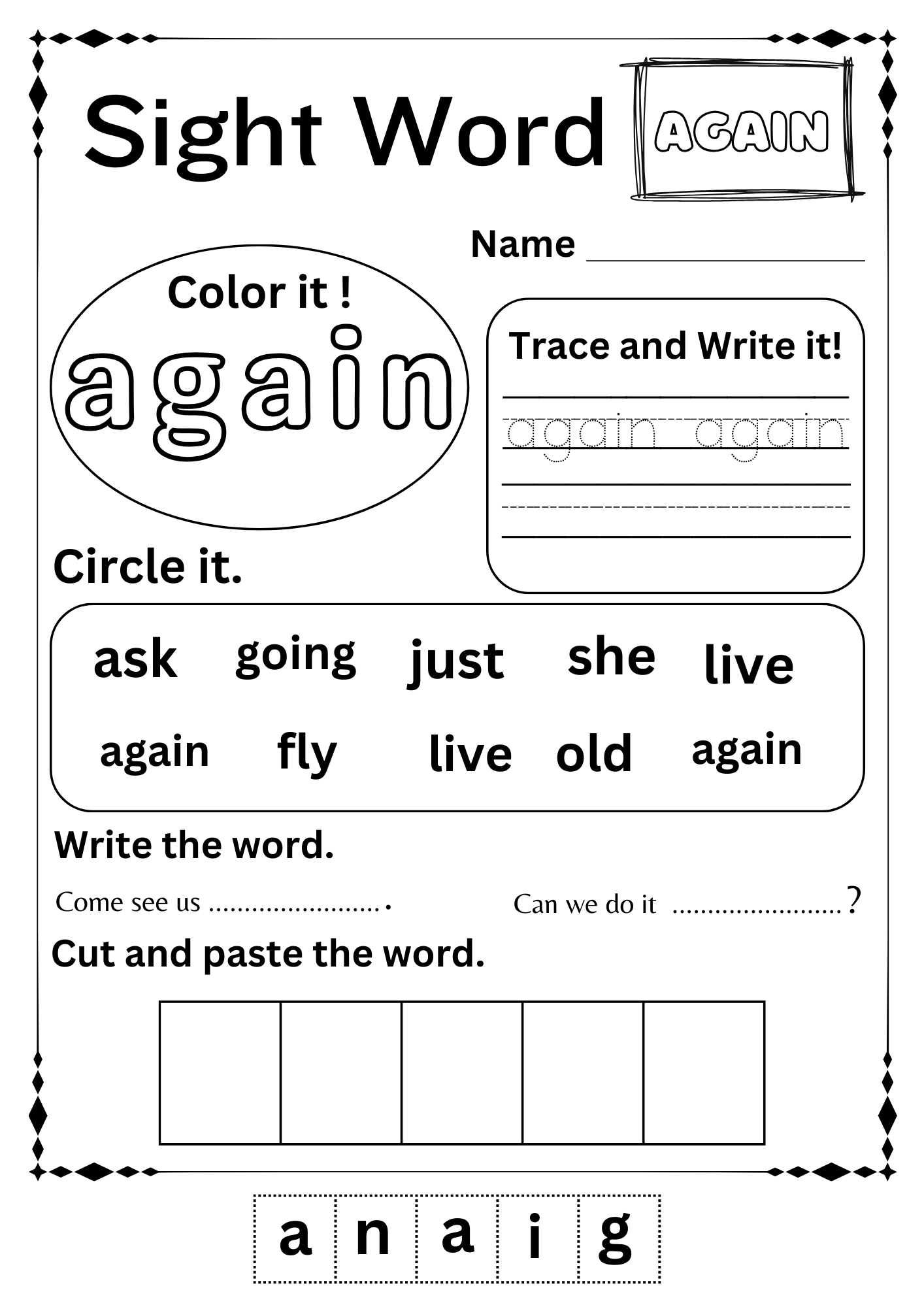 worksheets for kindergarten sight words