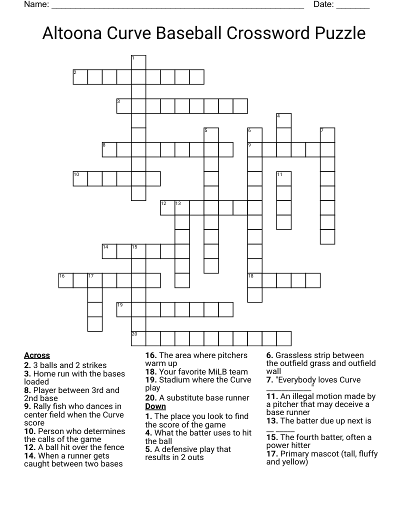 Altoona Curve Baseball Crossword Puzzle WordMint