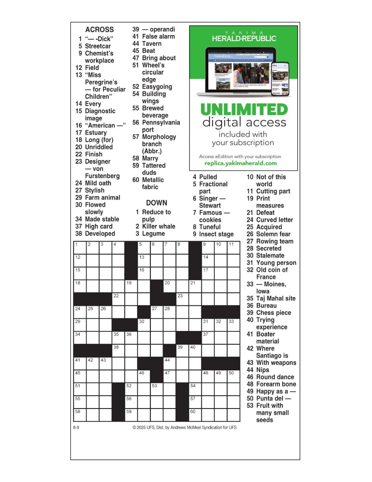 AM Crossword Aug 9 2025 Crosswords Yakimaherald