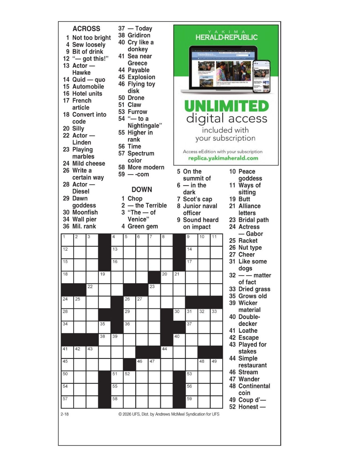 AM Crossword Feb 18 2026 Crosswords Yakimaherald