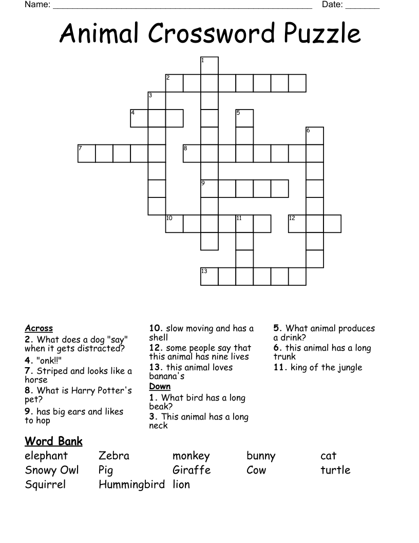 animal crossword puzzle printable