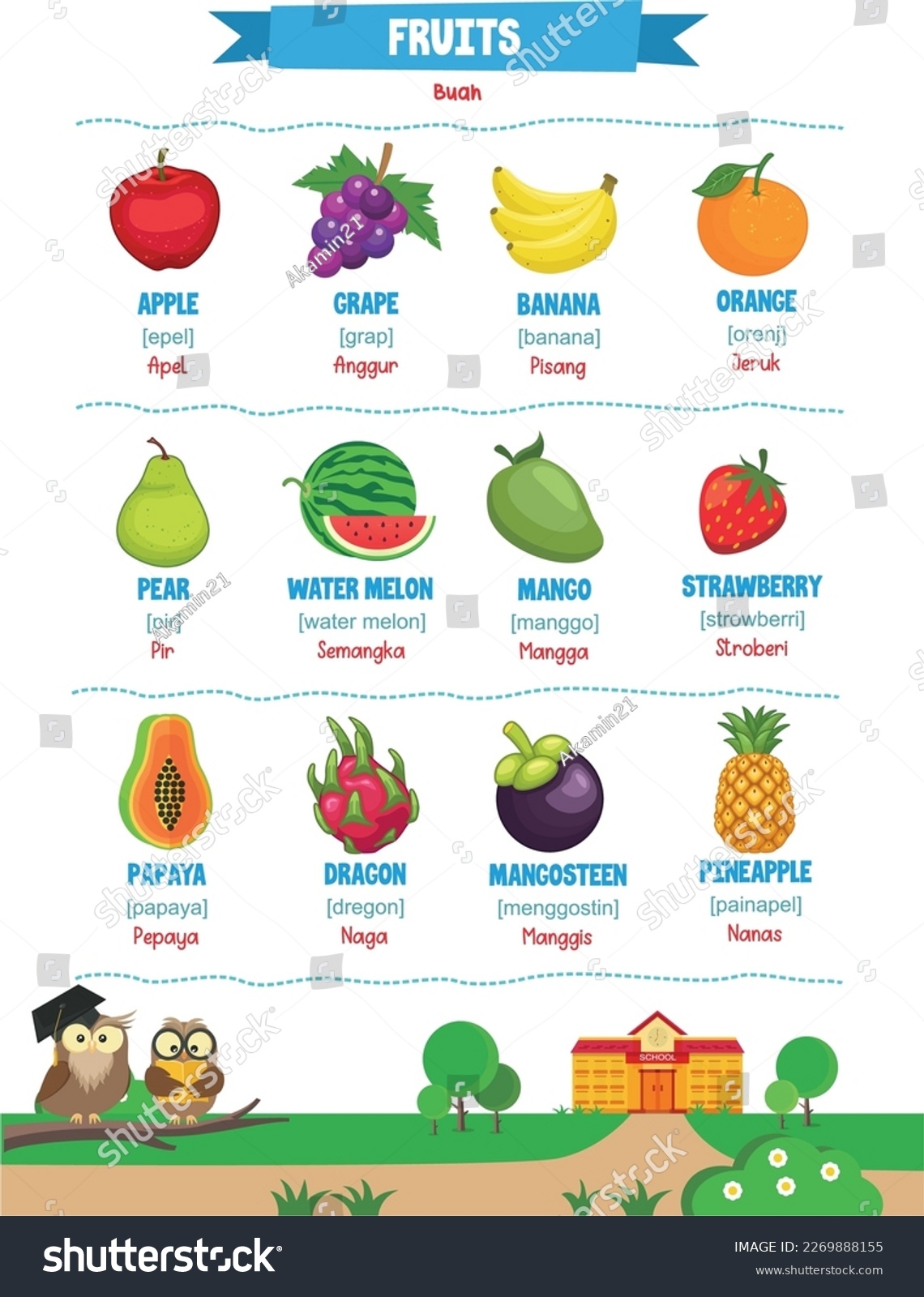 Aprendiendo Nombres De Frutas En Ingl s Vector De Stock libre De Regal as 2269888155 Shutterstock