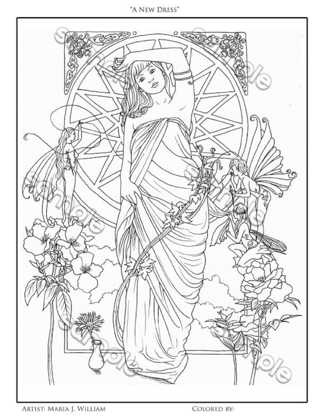 Art Nouveau Fairy Fantasy Coloring Page By Maria J William Instant PDF Download Etsy