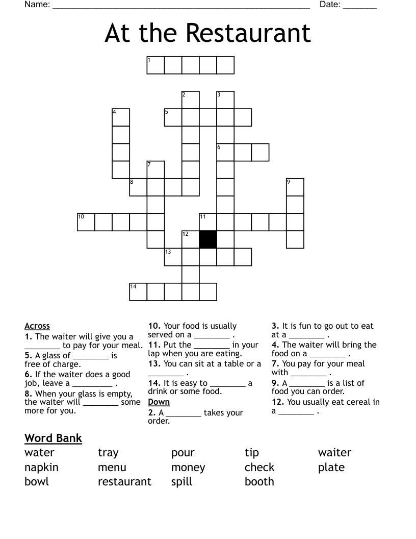 At The Restaurant Crossword WordMint At The Restaurant Crossword WordMint