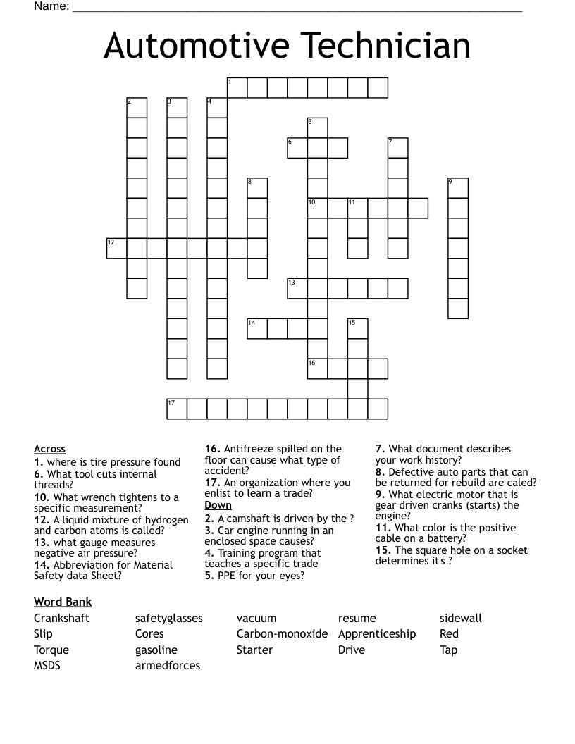 Automotive Technician Crossword WordMint