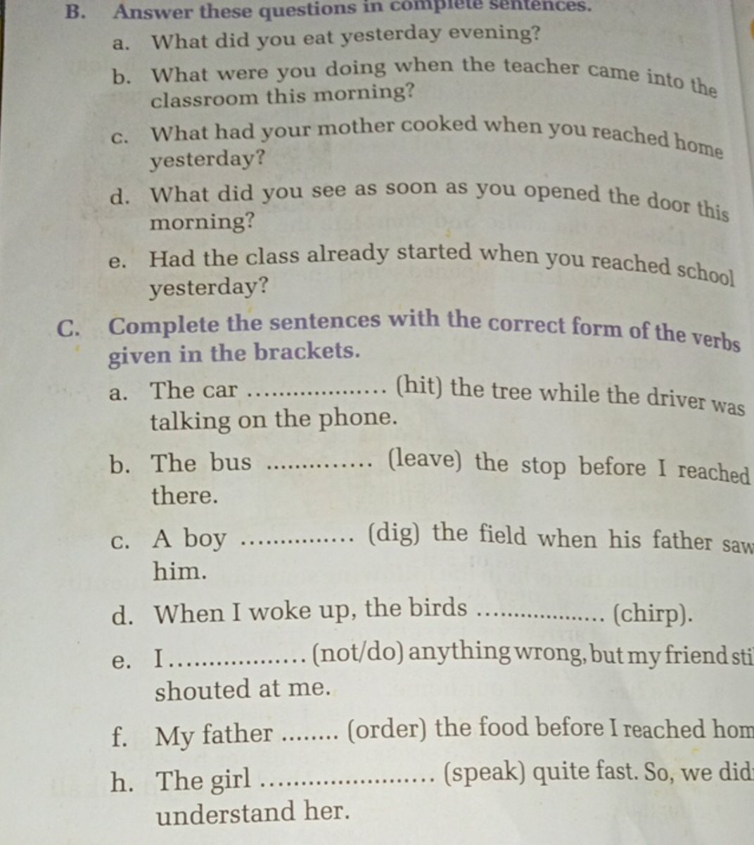 B Answer These Questions In Complete Sentences A What Did You Eat Yest 