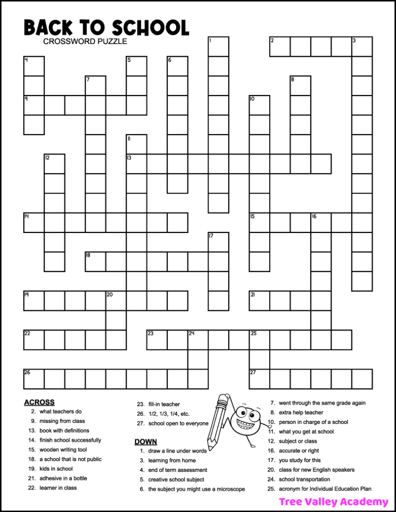 Back To School Crossword Puzzles Tree Valley Academy