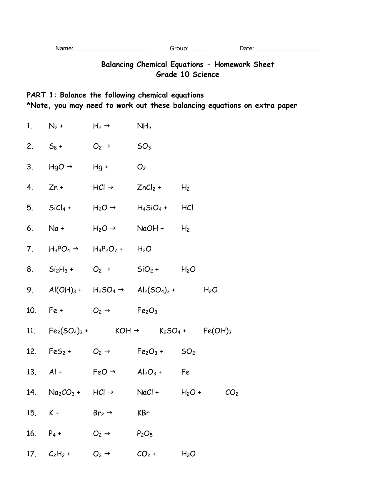 Balancing Chemical Equations Homework Grade 10 Science