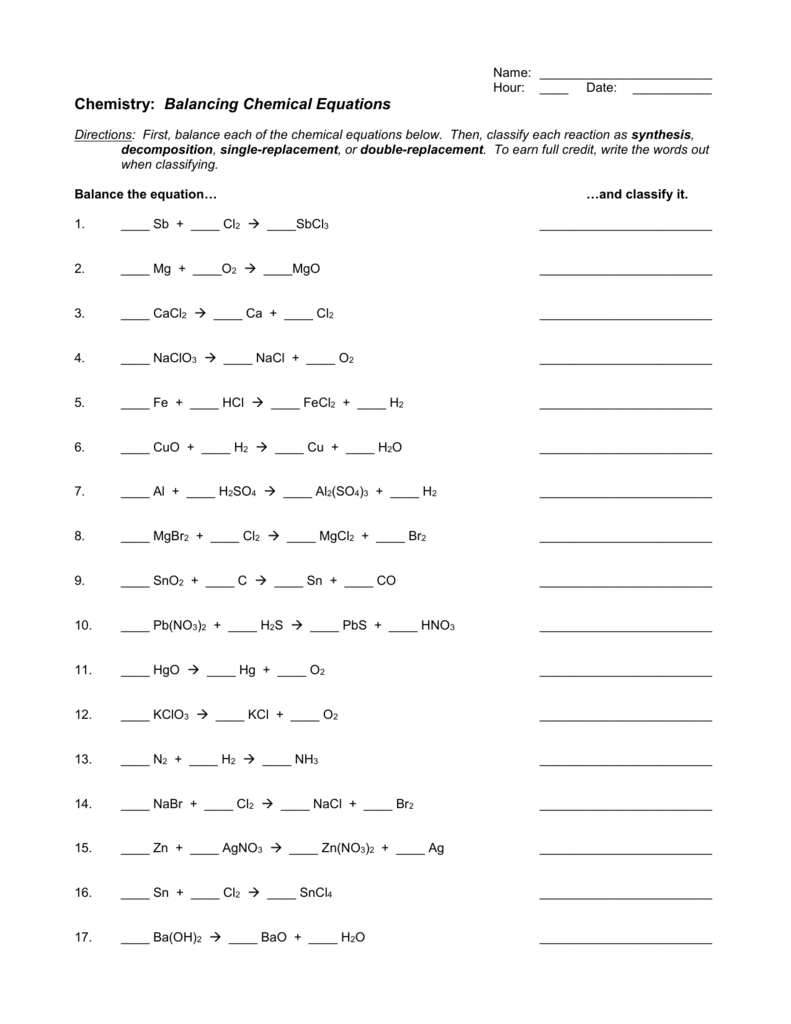 Balancing Chemical Equations Worksheet Balancing Chemical Equations Worksheet