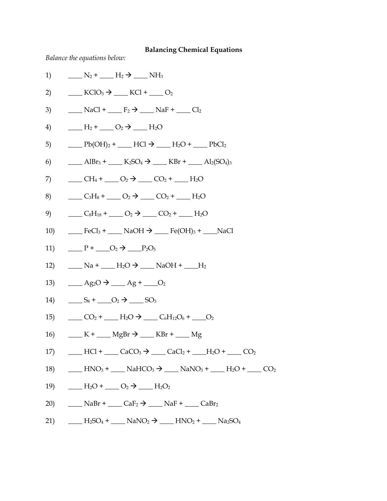Balancing Chemical Equations Worksheet