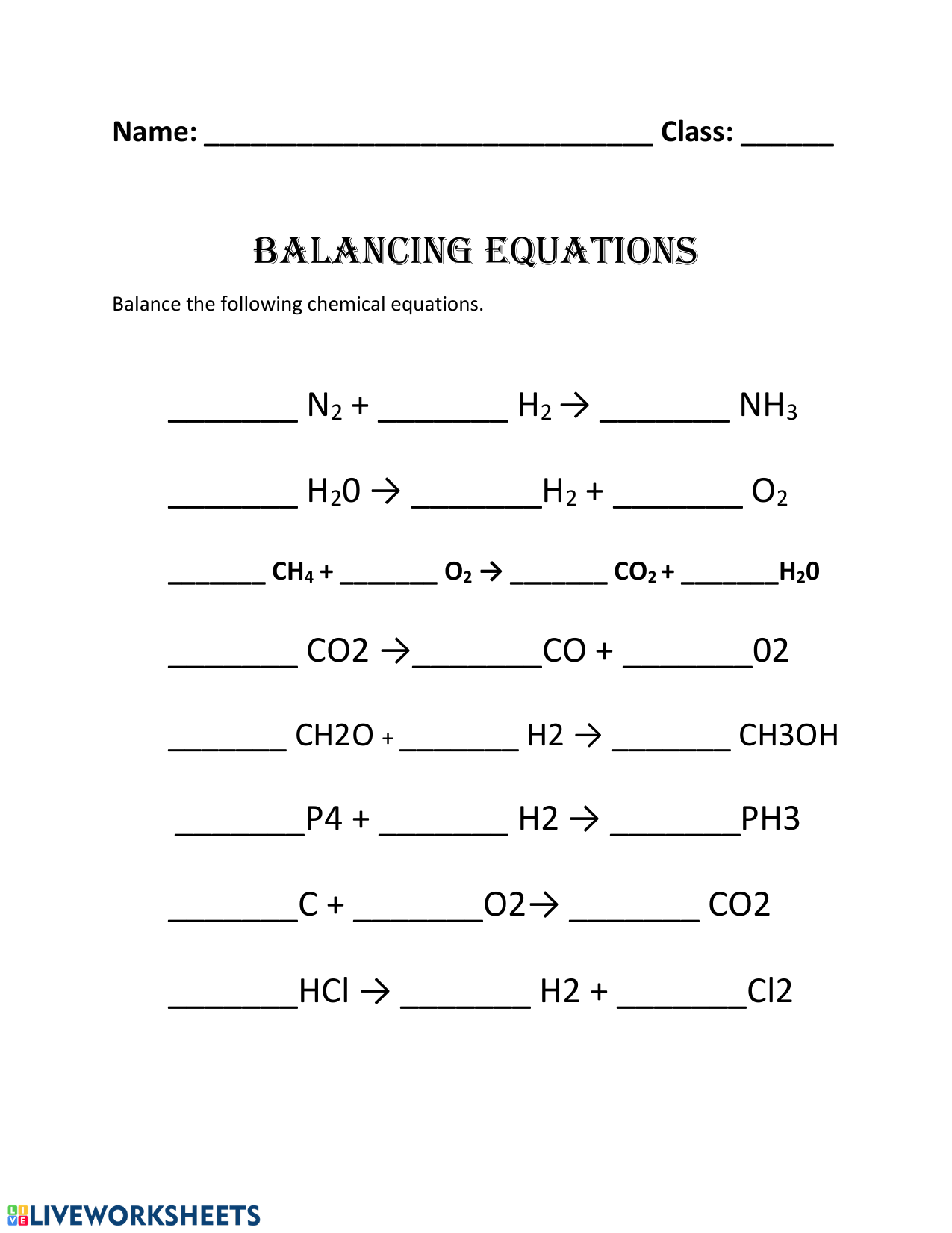 balancing chemical equations handout