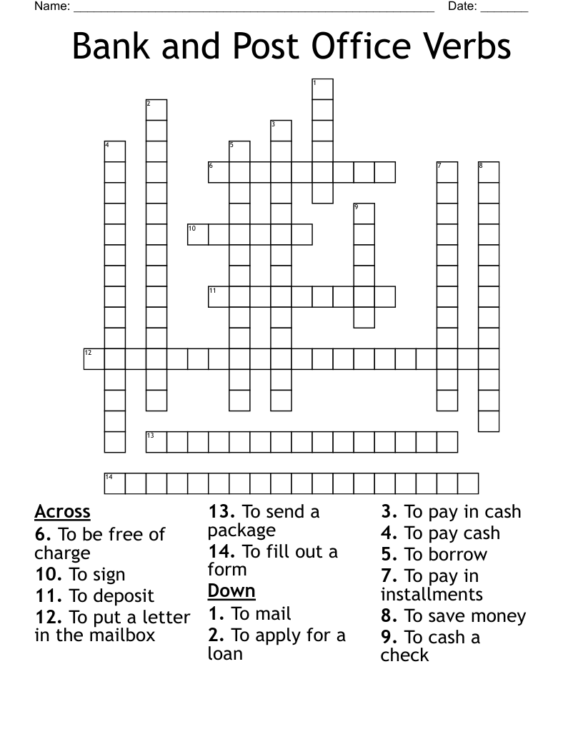 Bank And Post Office Verbs Crossword WordMint Bank And Post Office Verbs Crossword WordMint