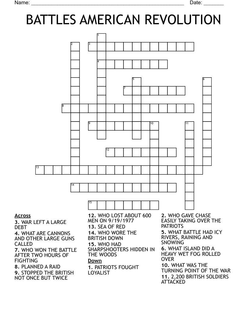 BATTLES AMERICAN REVOLUTION Crossword WordMint BATTLES AMERICAN REVOLUTION Crossword WordMint