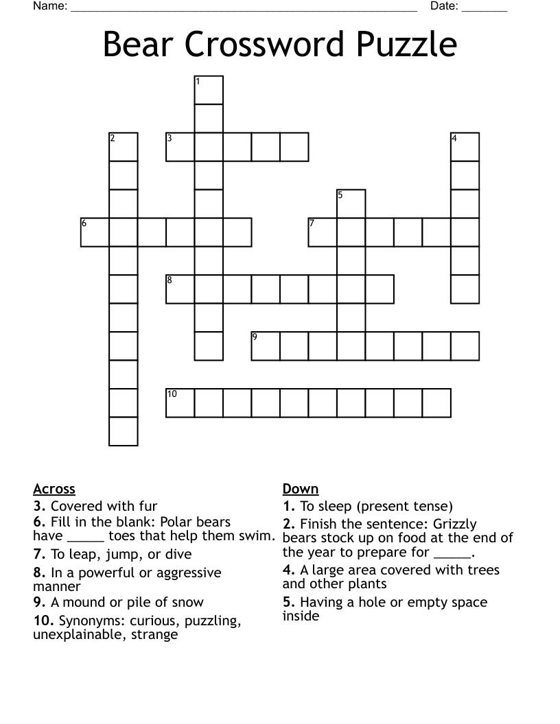 Bear Crossword Puzzle WordMint