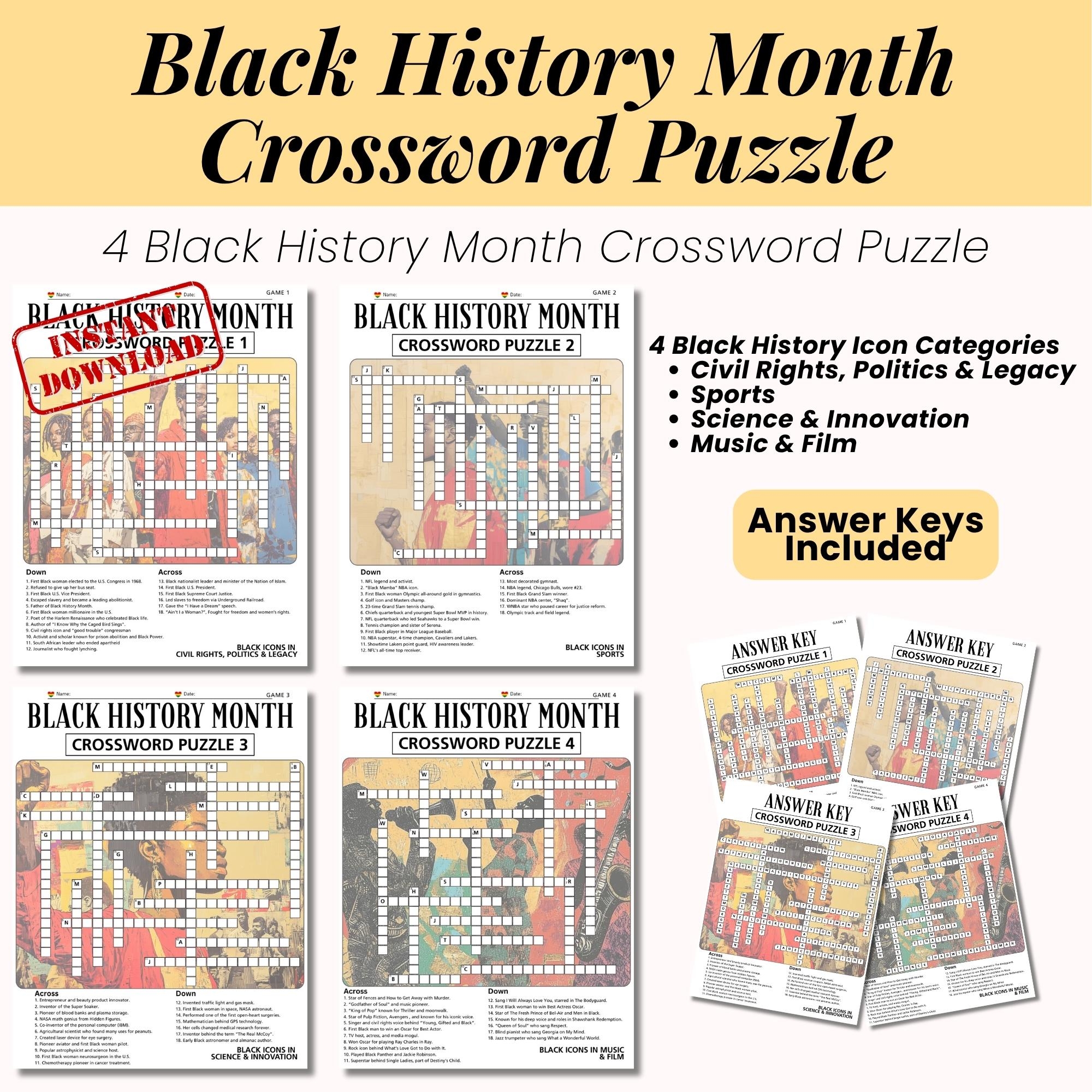 Black History Month Crossword Crossword Puzzles Kids Adult Family Game Black Culture Games African American Party Games School Etsy