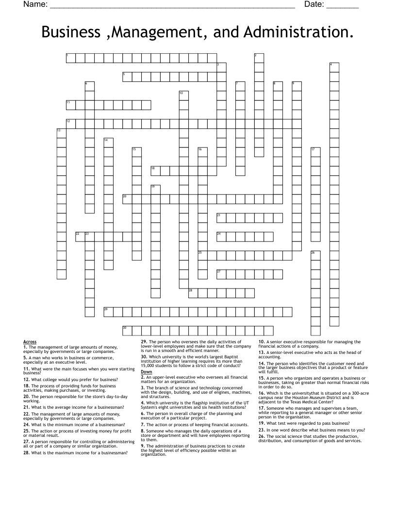 Business Management And Administration Crossword WordMint Business Management And Administration Crossword WordMint