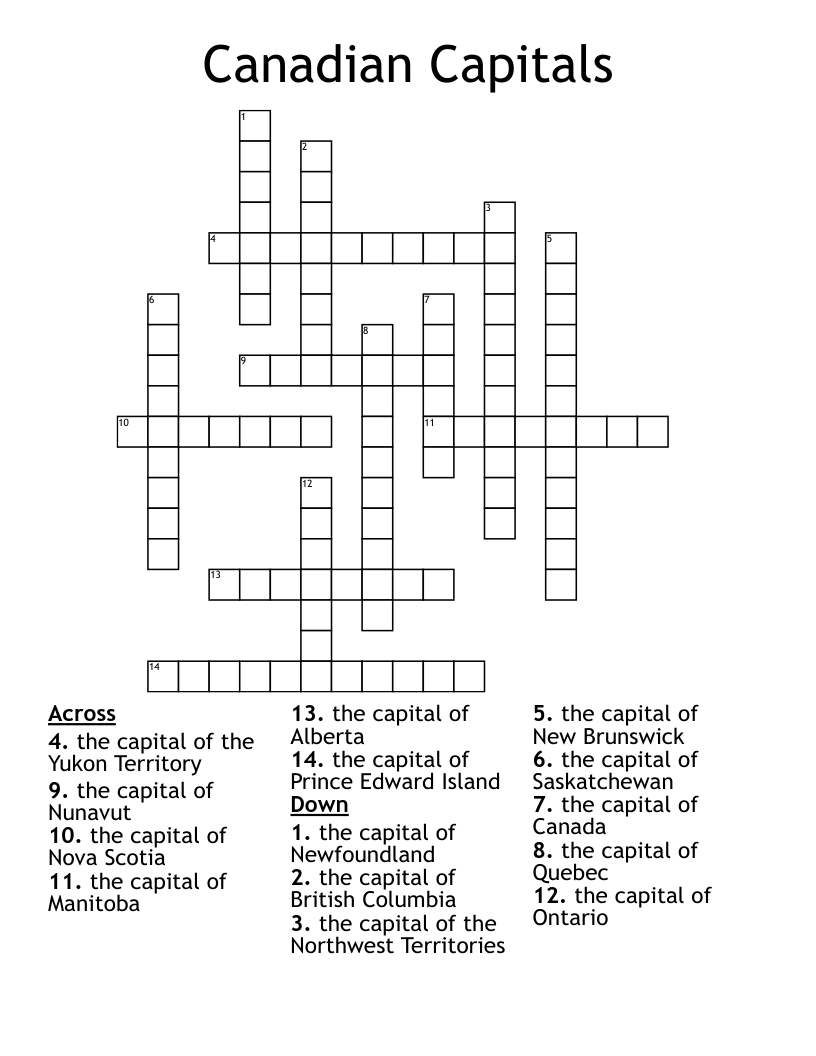 Canadian Capitals Crossword WordMint