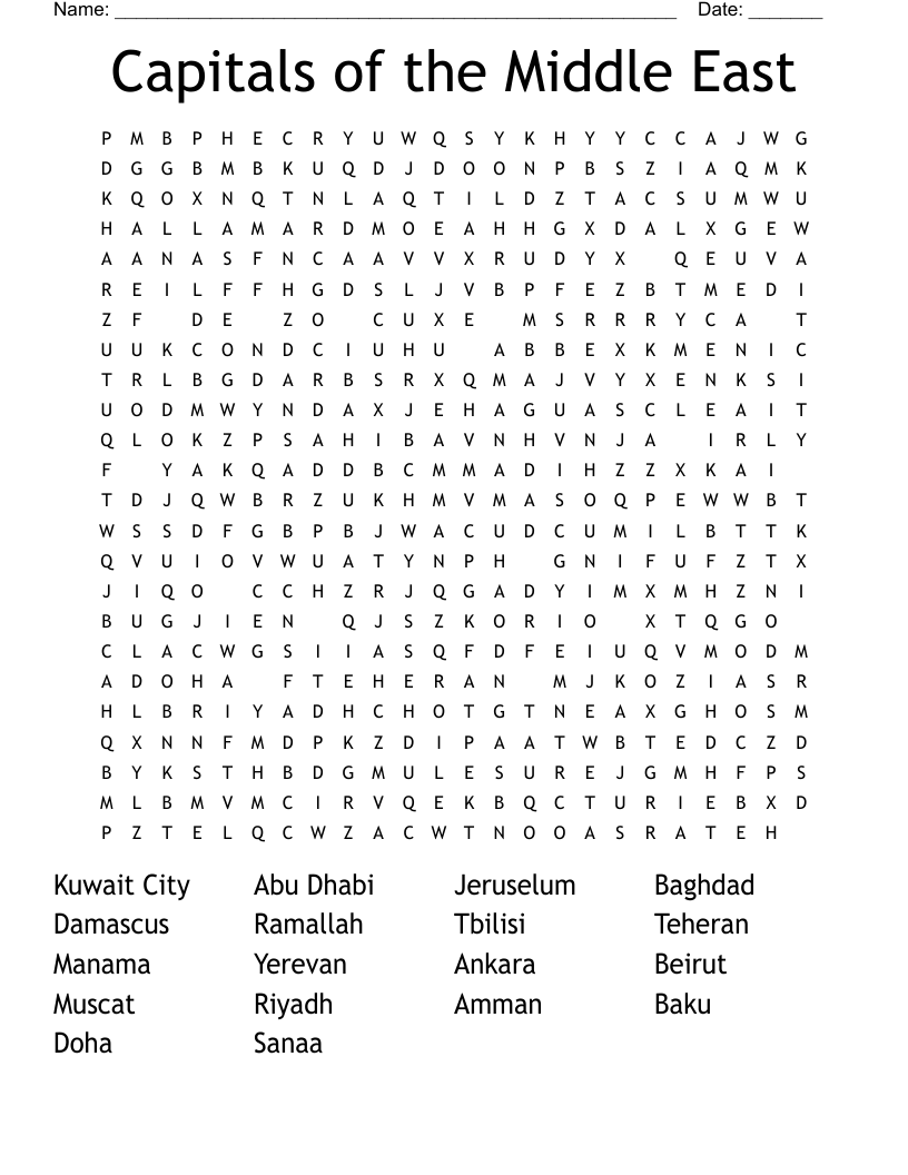Capitals Of The Middle East Word Search WordMint