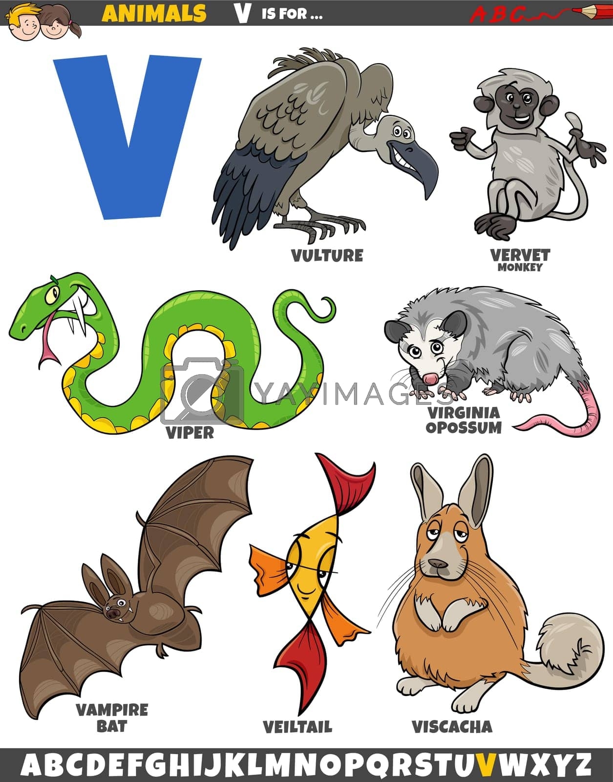 Cartoon Animal Characters For Letter V Educational Set By Izakowski Vectors Illustrations With Unlimited Downloads Yayimages