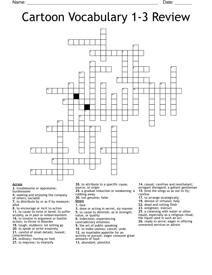 Cartoon Vocabulary 1 3 Review Crossword WordMint