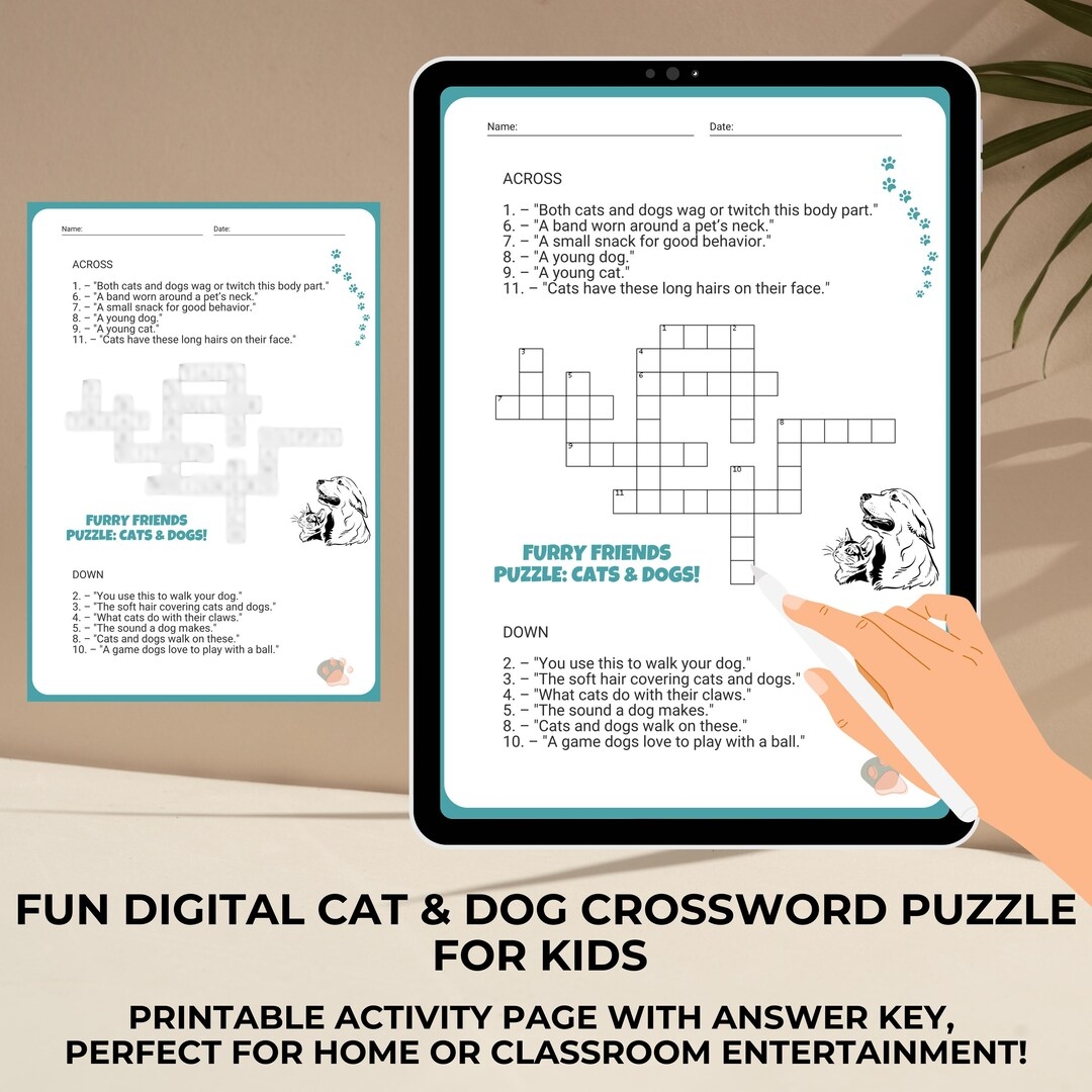 Cat Dog Crossword Puzzle Fun Kids Activity printable PDF Etsy