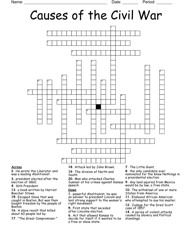 Causes Of The Civil War Crossword WordMint