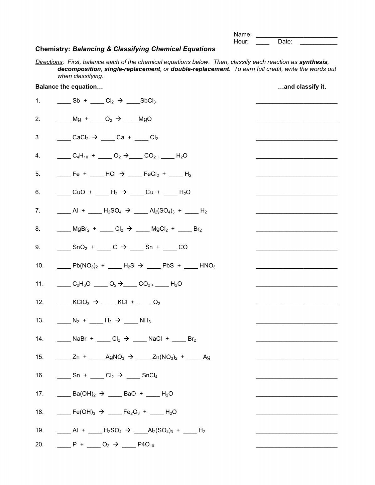 chemistry balancing chemical equations worksheet