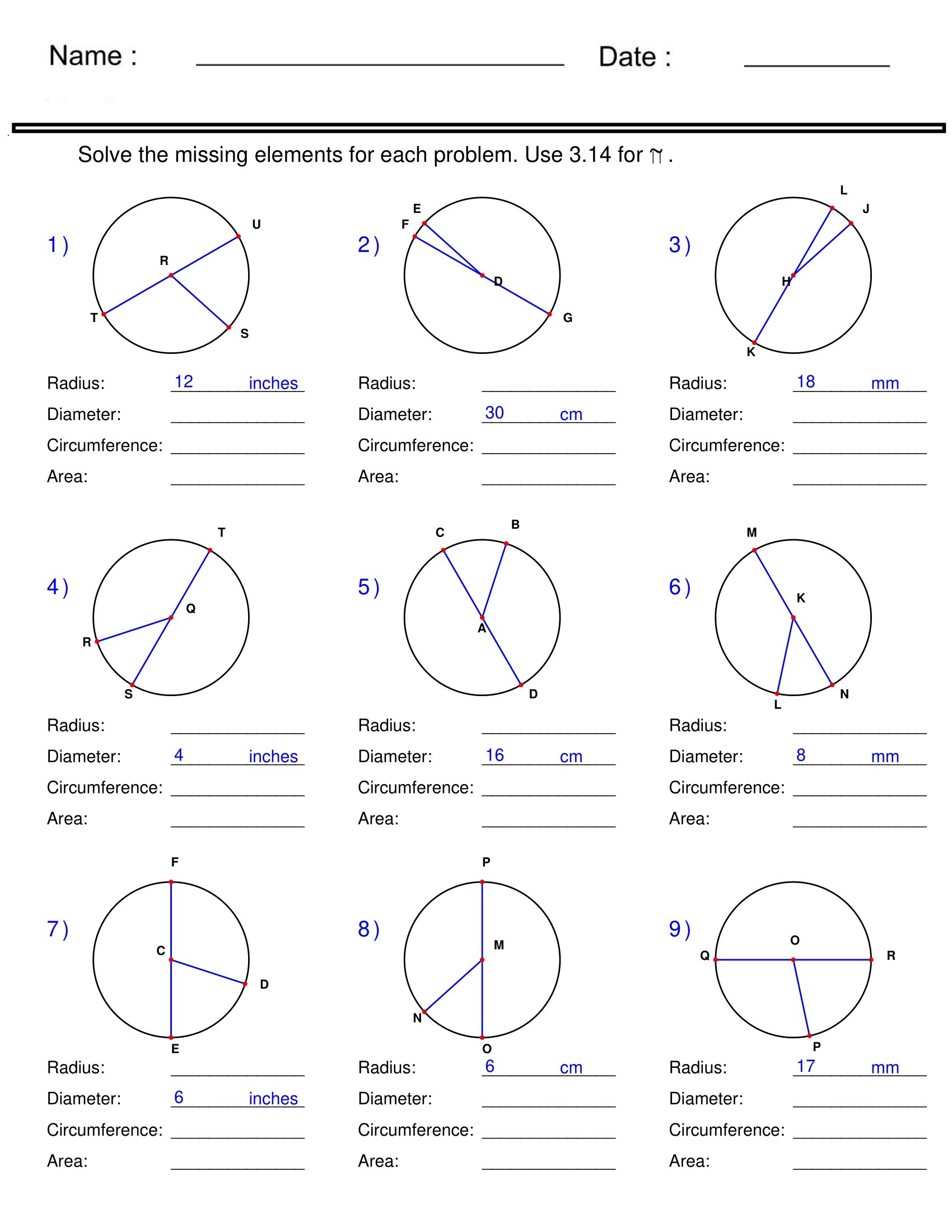 circumference of a circle worksheet